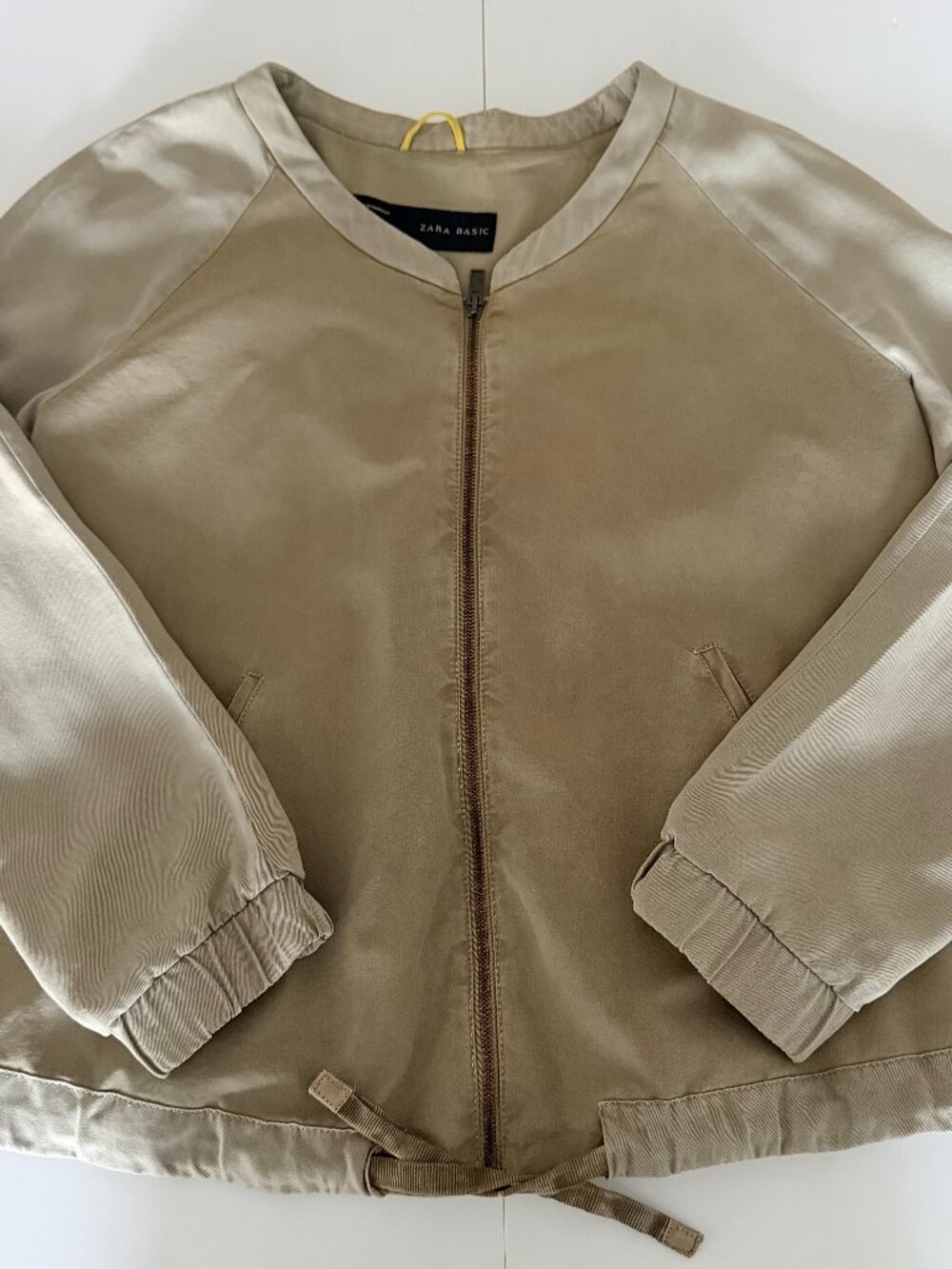 Zara Basic Womens Lightweight Bomber Jacket 2 Tone Khaki Y2K Tie Waist Casual